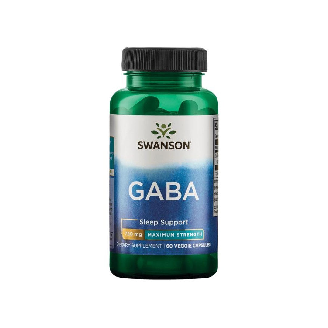 Bottle of Swanson GABA - 750 mg 60 Veggie Capsules relaxation support supplement.