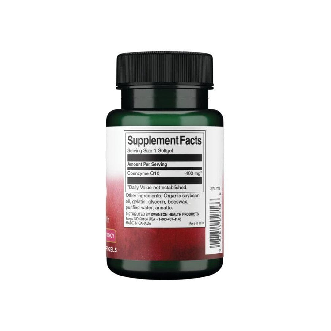 Eine Flasche Swanson Coenzym Q10 - 400 mg 30 Softgels Ergänzung auf einem weißen Hintergrund.