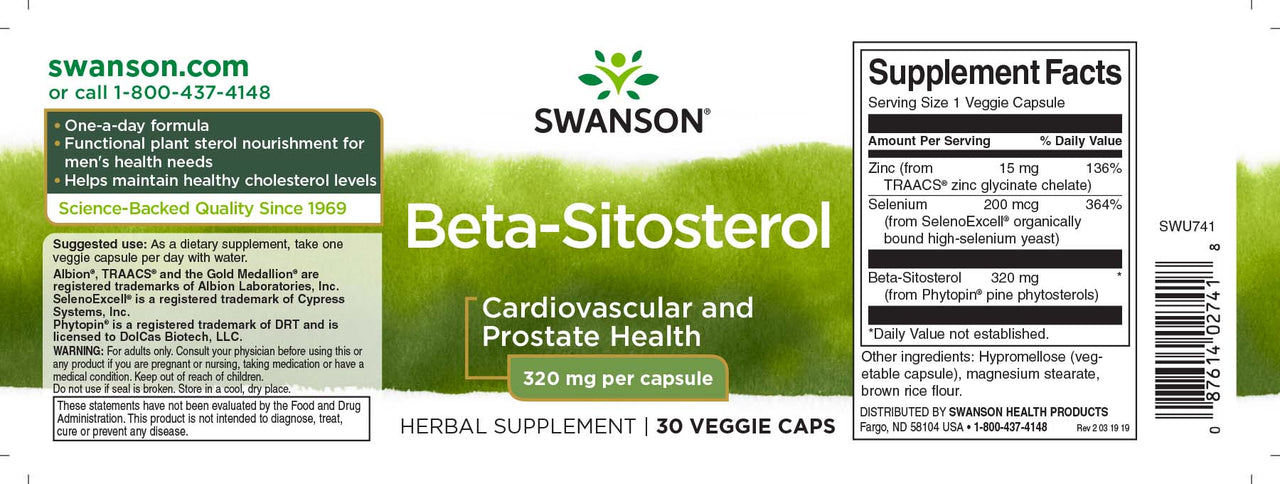 Swanson Beta-Sitosterol - 320 mg 30 pflanzliche Kapseln Nahrungsergänzungsmittel Etikett.