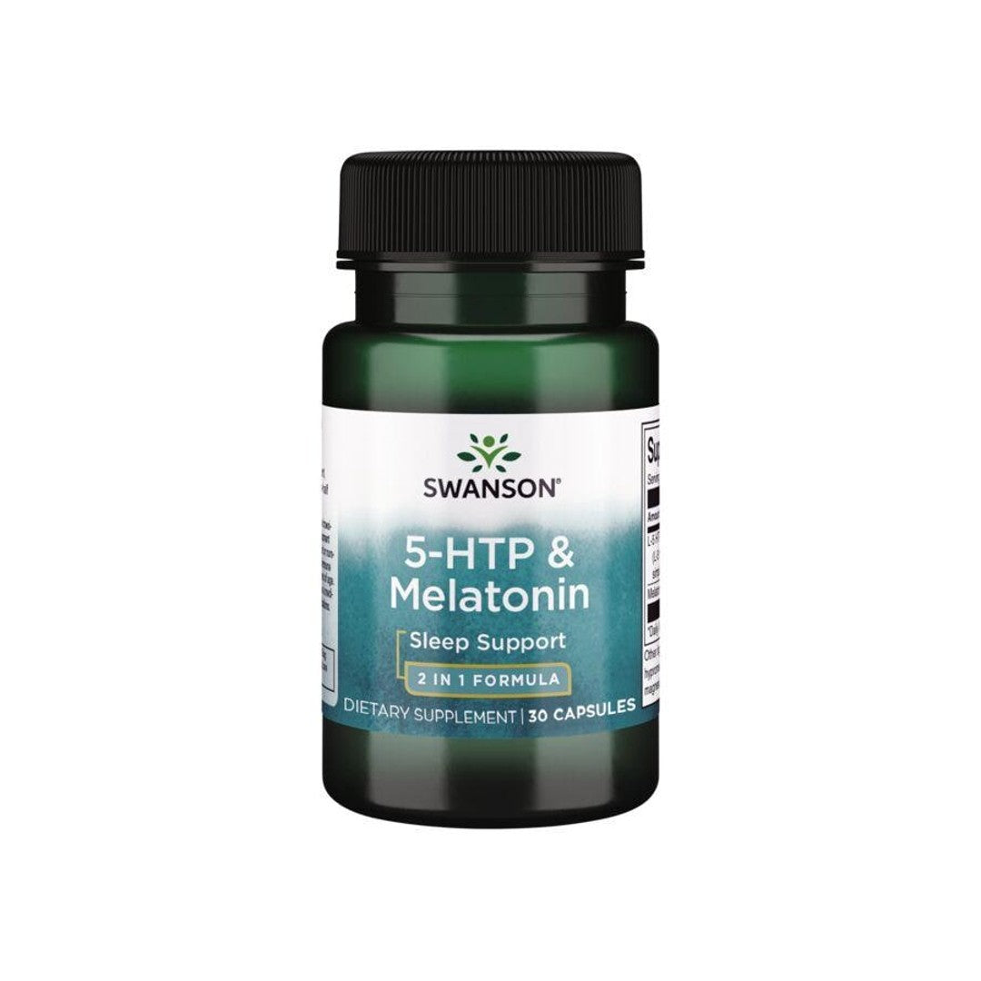 Bottle of Swanson 5-HTP 50 mg & Melatonin 3 mg dietary supplement for sleep support, containing 30 capsules.