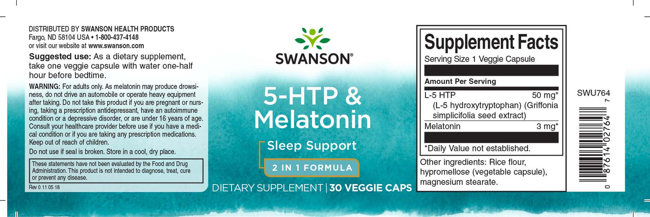 Product label for Swanson Sleep Support dietary supplement featuring 5-HTP and melatonin, including serving size and ingredient information for 5-HTP 50 mg & Melatonin 3 mg 30 Capsules by Swanson.