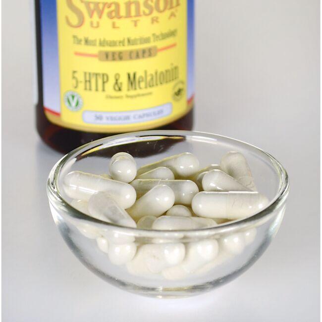 A bowl of white capsules in front of a Swanson Sleep Support supplement bottle labeled "5-HTP 50 mg & Melatonin 3 mg.