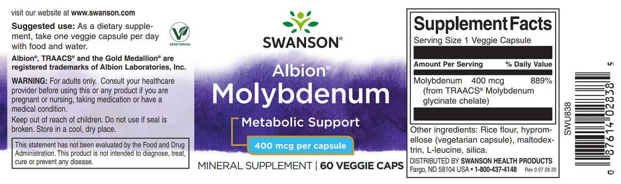 SwansonChelated Molybdenum - 400 mcg 60 Kapseln ergänzen, die den Stoffwechsel und die Aufnahme fördern.