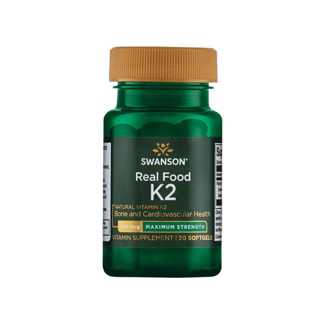 A bottle of Swanson's Vitamin K2 - MK-7 - 200 mcg 30 softgels Real Food for promoting healthy bones.