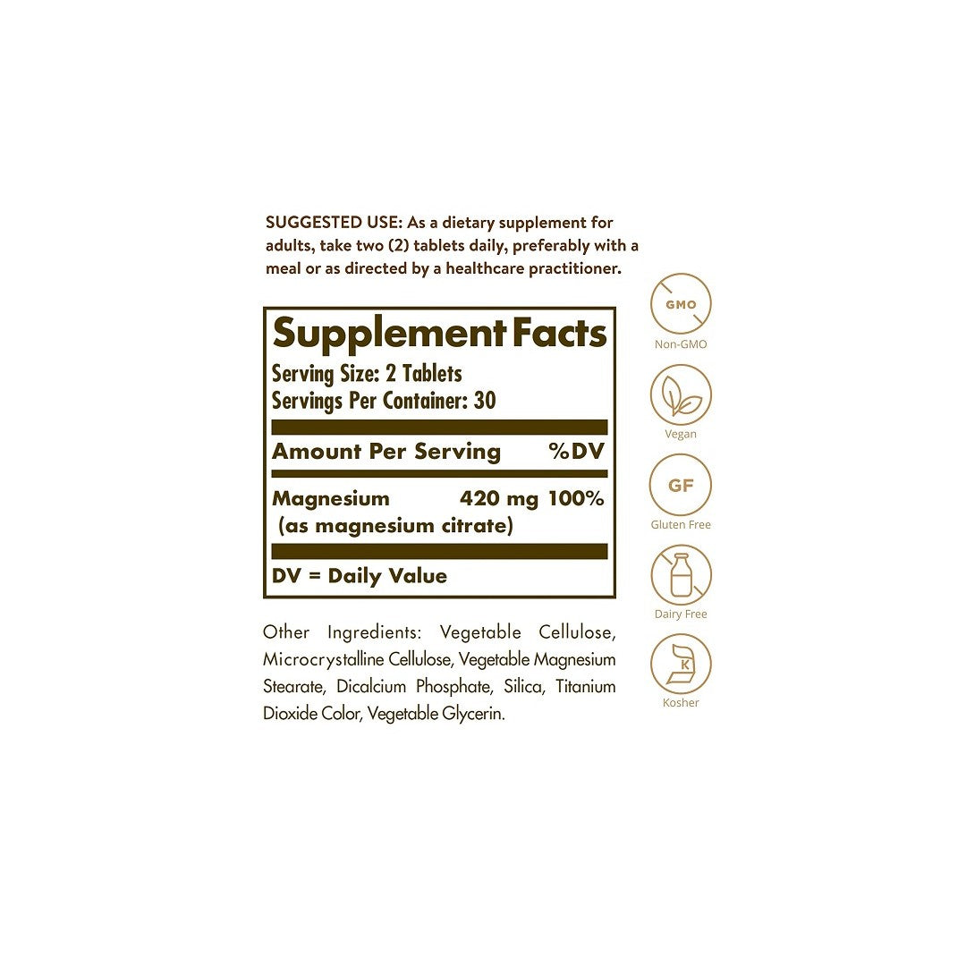 Ein Etikett mit den Inhaltsstoffen des Nahrungsergänzungsmittels Magnesiumcitrat 420 mg 120 Tabs von Solgar.