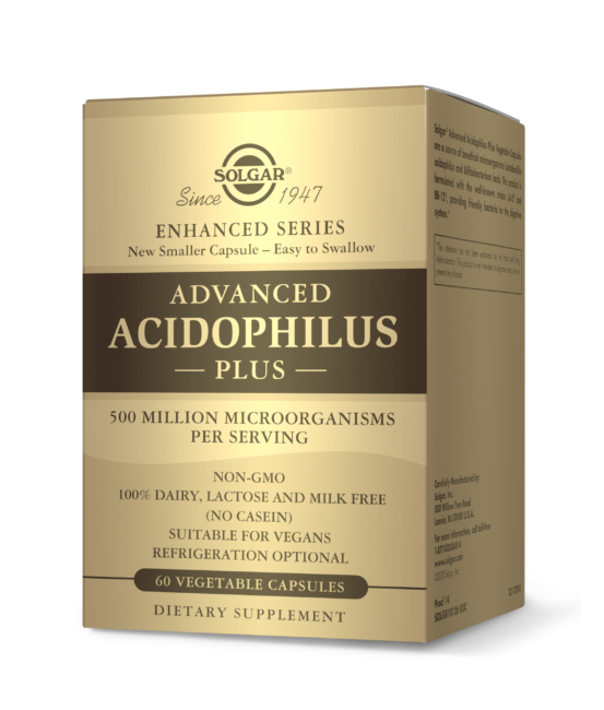 Eine Schachtel Solgar's Advanced Acidophilus Plus 60 Veggie-Kapseln.