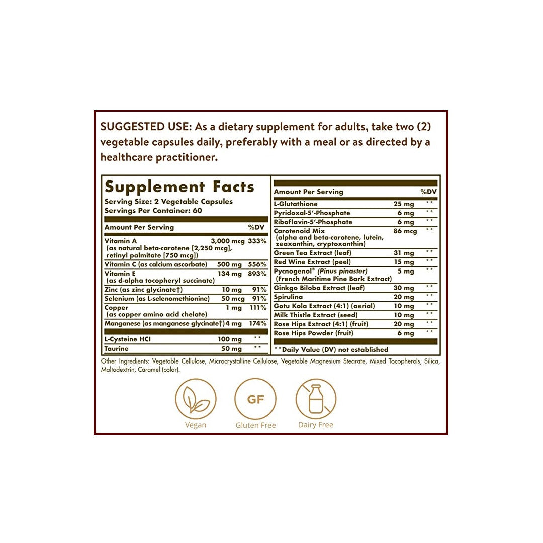 Ein Etikett mit den Inhaltsstoffen von Solgar's Advanced Antioxidant Formula 120 Vegetable Capsules Ergänzung.
