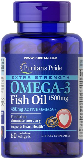 Puritan's Pride Extra Strength Omega-3 Fischöl 1500 mg (450 mg aktives Omega-3) 60 Softgels mit schneller Freisetzung.