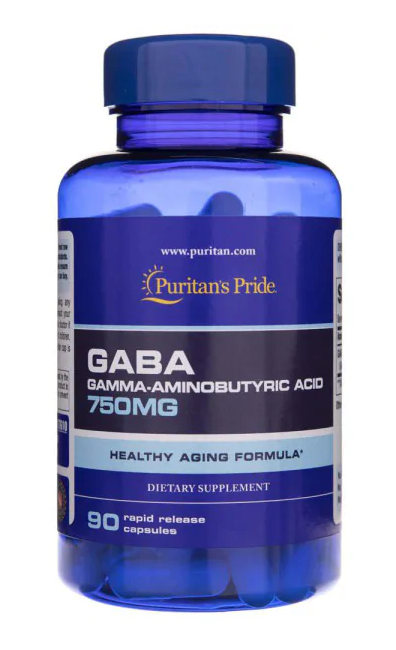 Eine Flasche Puritan's Pride GABA 750 mg 90 Kapseln ergänzen mit 750mg Gamma-Linolensäure.