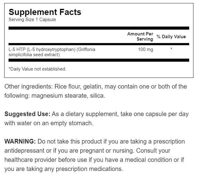 Ein Etikett für Swanson's 5-HTP Extra Strength - 100 mg 60 Kapseln Ergänzung mit einer Liste der Zutaten.