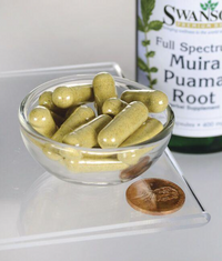 Vorschaubild für Eine Flasche Swanson Vollspektrum Muira Puama - 400 mg 90 Kapseln mit einem Pfennig daneben.