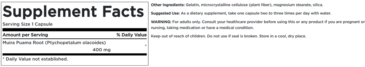 Ein Etikett für ein Swanson Vollspektrum Muira Puama - 400 mg 90 Kapseln Ergänzungsmittel.