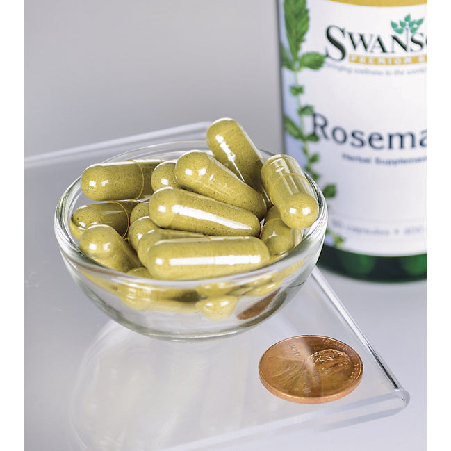 Eine Schale mit einer Flasche Swanson Rosmarin - 400 mg 90 Kapseln, ein antioxidantienreiches Kraut, und einem Penny.