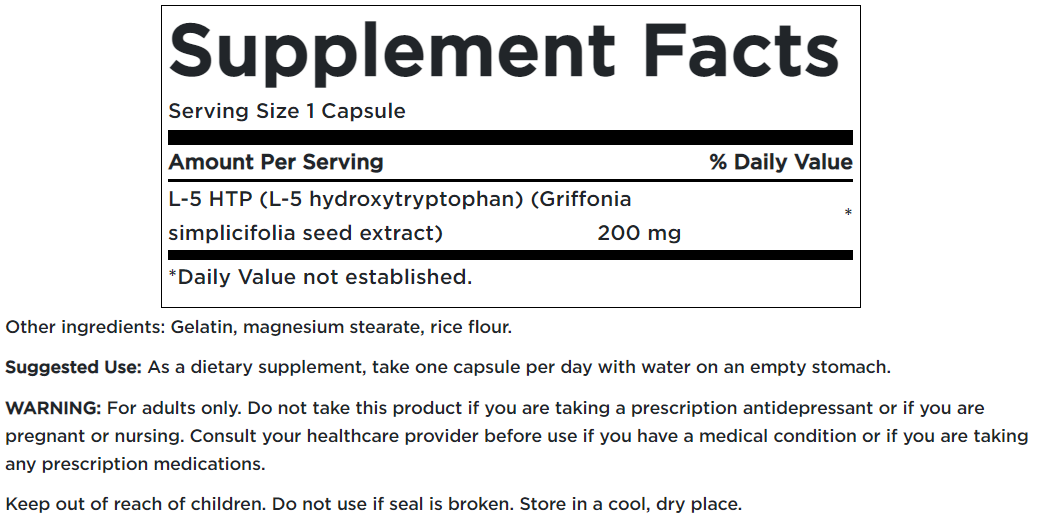 Ein Etikett für Swanson's 5-HTP Maximum Strength 200 mg 60 Capsules ergänzen.