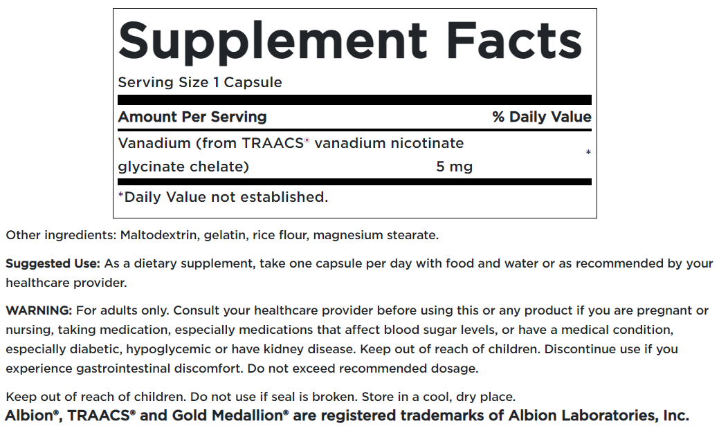 Ein Etikett für Swanson Albion Vanadium Chelated - 5 mg 60 Kapseln ergänzen.