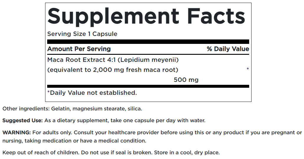 Ein Etikett für Swanson's Maca - 500 mg 60 Kapseln ergänzen.